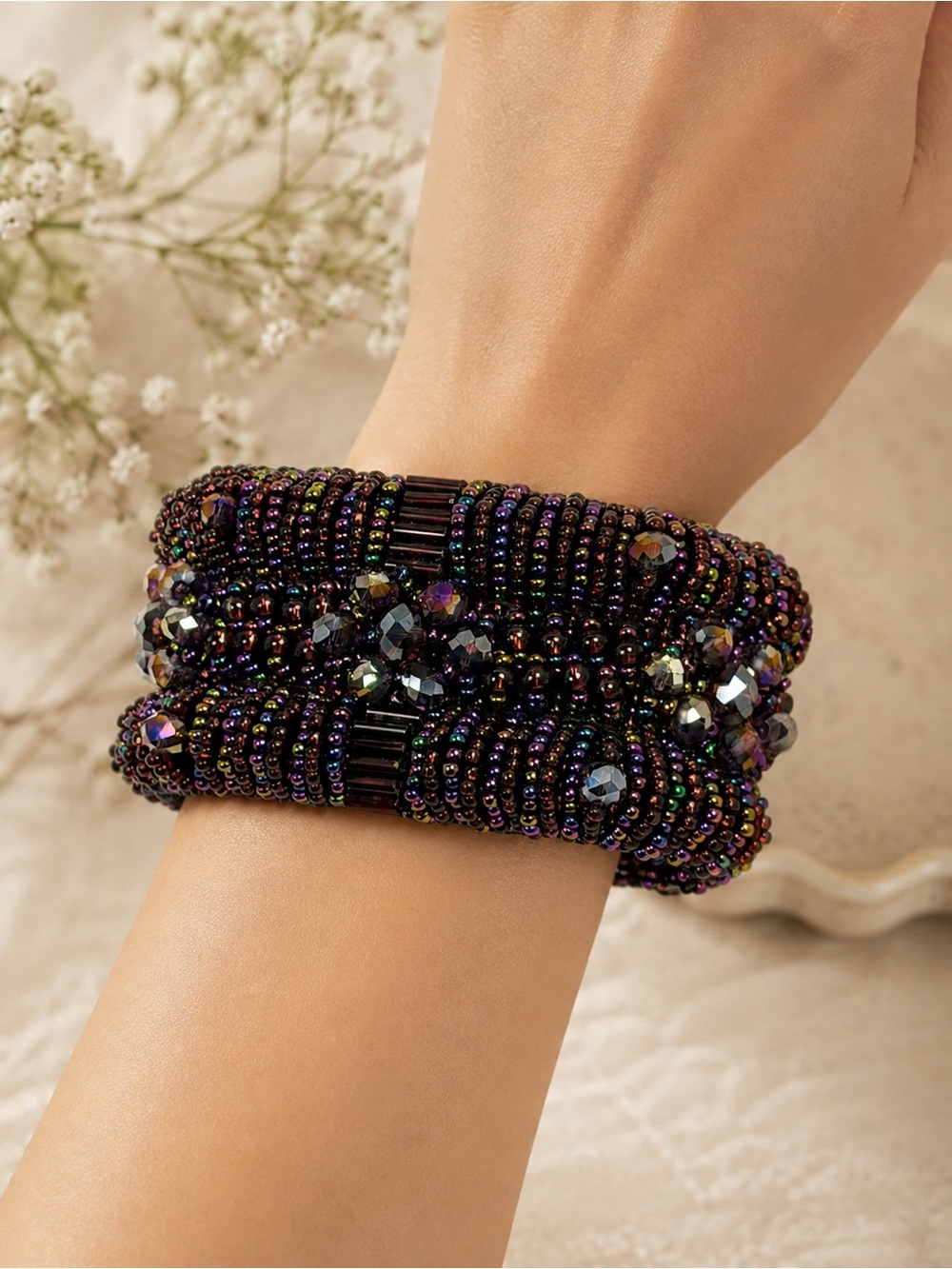 Iridescent Black Beaded Stretch Bracelet